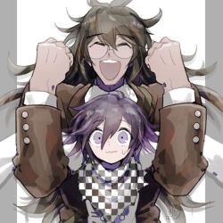 Rule 34 | 2boys, ^ ^, antenna hair, black scarf, brown jacket, brown sleeves, buttons, checkered clothes, checkered scarf, closed eyes, closed mouth, coattails, collar, collared jacket, collared shirt, danganronpa (series), danganronpa v3: killing harmony, dark-skinned male, dark skin, dated, double-breasted, glasses, gokuhara gonta, green hair, hair between eyes, happy, height difference, jacket, layered sleeves, lifting person, long hair, long sleeves, looking at viewer, male focus, messy hair, multiple boys, nervous, nervous smile, oma kokichi, open mouth, outside border, pillarboxed, purple collar, purple eyes, purple hair, round eyewear, scarf, shirt, short hair, signature, simple background, smile, sweatdrop, teeth, torn clothes, torn scarf, two-tone scarf, u u ki u u, unmoving pattern, upper body, upper teeth only, very long hair, wavy mouth, white background, white jacket, white scarf, white shirt, white sleeves