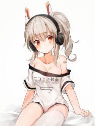 Rule 34 | 1girl, ayanami (azur lane), ayanami (niconico) (azur lane), azur lane, bandaid, bandaid on arm, bandaid on face, bare shoulders, bed sheet, blush, breasts, cleavage, closed mouth, collarbone, commentary, hair between eyes, headphones, headpiece, highres, irohatomo, long hair, looking at viewer, medium breasts, niconico, off-shoulder shirt, off shoulder, ponytail, red eyes, shirt, short sleeves, sidelocks, silver hair, simple background, single thighhigh, sitting, solo, thighhighs, thighs, white background, white shirt, white thighhighs