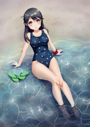 Rule 34 | 10s, 1girl, barefoot, beach, black hair, blue one-piece swimsuit, breasts, brown eyes, collarbone, covered navel, from above, full body, highres, kantai collection, legs together, long hair, looking at viewer, looking up, one-piece swimsuit, open mouth, outdoors, polka dot, polka dot swimsuit, reclining, sand, sandals, unworn sandals, scrunchie, sitting on water, solo, swimsuit, ushio (kancolle), water, wrist scrunchie, yautau