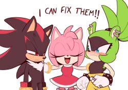 Rule 34 | 1boy, 2girls, amy rose, animal ear piercing, black shirt, blue eyes, blush, bracelet, closed eyes, dress, english text, furry, furry female, furry male, gloves, highres, i can fix him (meme), jewelry, meme, multiple girls, open mouth, pants, red dress, red eyes, ring, shadow the hedgehog, shirt, simple background, sleeveless, sleeveless dress, sonic (series), sonic the hedgehog (idw), spiked bracelet, spikes, surge the tenrec, toonsite, white background, white gloves, yellow pants