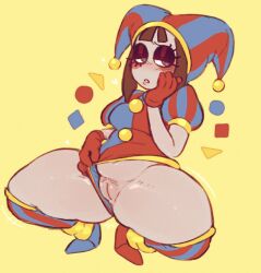 Rule 34 | 1girl, anus, anus peek, artist request, ass grab, blue eyes, blue gloves, blush stickers, breasts, brown hair, cleft of venus, clothing aside, colored skin, full body, glitch productions, gloves, hat, hat bell, highleg, highleg leotard, highres, jester, jester cap, leotard, looking at viewer, multicolored clothes, multicolored hat, pomni (the amazing digital circus), pussy, pussy juice, red eyes, shiny skin, solo, squatting, the amazing digital circus, thighhighs, two-tone eyes, two-tone sash, two-tone thighhighs, white skin, wide hips, yellow background