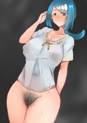 Rule 34 | 1girl, arm behind back, black background, blue eyes, blue hair, blush, bottomless, breasts, closed mouth, creatures (company), excessive pubic hair, female focus, female pubic hair, game freak, grey shirt, hair ornament, hand on head, highres, lana&#039;s mother (pokemon), large breasts, long28, looking to the side, mature female, nintendo, nipples, no panties, pokemon, pokemon (anime), pokemon sm (anime), pubic hair, see-through, shirt, simple background, solo, standing, thighs