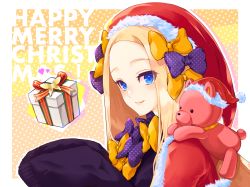 Rule 34 | 1girl, abigail williams (fate), alternate headwear, black dress, blonde hair, blue eyes, blush, bow, box, brown background, capelet, christmas, closed mouth, commentary request, dress, ears through headwear, fate/grand order, fate (series), forehead, fur-trimmed capelet, fur-trimmed headwear, fur trim, gift, gift box, hair bow, hands up, hat, heart, highres, hugging object, long hair, long sleeves, merry christmas, orange bow, outline, panco neco, parted bangs, polka dot, polka dot bow, purple bow, red capelet, red hat, revision, santa hat, sleeves past fingers, sleeves past wrists, smile, solo, stuffed animal, stuffed toy, teddy bear, two-tone background, upper body, white background, white outline