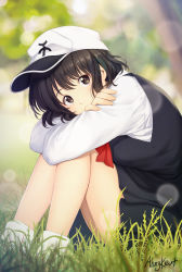 Rule 34 | 1girl, absurdres, ahngkeut, artist name, bag, bare legs, baseball cap, black dress, black hair, blurry, blurry background, blush, brown eyes, copyright request, day, depth of field, dress, from side, grass, hat, highres, hugging own legs, knees up, leaning forward, long sleeves, looking at viewer, looking to the side, medium hair, on grass, on ground, outdoors, pinafore dress, shirt, sitting, sleeveless, sleeveless dress, socks, solo, tareme, white hat, white shirt, white socks