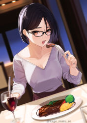 Rule 34 | 1girl, absurdres, alcohol, black hair, bob cut, brown eyes, collarbone, cup, drinking glass, dutch angle, eating, food, fork, glasses, highres, holding, indoors, kagematsuri, knife, medium hair, mole, mole under mouth, open mouth, original, solo, steak, v-neck, watermark, wine, wine glass
