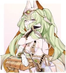 Rule 34 | 1girl, absurdres, arm support, bandaged arm, bandages, bracer, breasts, bridal gauntlets, closed mouth, dress, egyptian clothes, error1980, green hair, grey eyes, hair between eyes, highres, honkai (series), honkai impact 3rd, leaning forward, long hair, looking at viewer, medium breasts, mobius (honkai impact), mobius (scorching gravel) (honkai impact), slit pupils, solo, tongue, tongue out, white dress