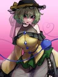 Rule 34 | 1girl, adapted costume, bare shoulders, black hat, breasts, crying, crying with eyes open, green eyes, green hair, hat, highres, komeiji koishi, long sleeves, open mouth, short hair, solo, tears, third eye, touhou, zakozako y