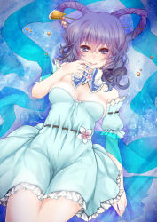 Rule 34 | 1girl, adapted costume, blue dress, blue eyes, blue hair, breasts, curly hair, detached collar, dress, fingers to mouth, flower, hair between eyes, hair ornament, hair rings, hair stick, highres, kaku seiga, legs together, looking at viewer, lying, matching hair/eyes, on back, rimu (kingyo origin), smile, solo, touhou