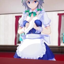 Rule 34 | 1girl, 3d, animated, blue eyes, breasts, cleavage, downblouse, grey hair, hanging breasts, izayoi sakuya, jiggle, leaning forward, looking at viewer, medium breasts, mofumoko5, no bra, solo, thighs, touhou, video