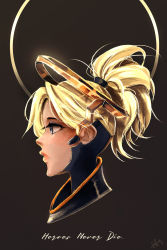 Rule 34 | 1girl, artist request, blonde hair, bodysuit, english text, highres, long eyelashes, long hair, mercy (overwatch), overwatch, overwatch 1, ponytail, profile, solo, text focus