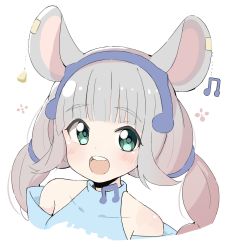 Rule 34 | 1girl, :d, animal ears, beamed eighth notes, blue shirt, blush, collarbone, commentary request, covered collarbone, cropped torso, ear piercing, green eyes, grey hair, hatsuka chiyu, highres, long hair, looking at viewer, mouse ears, musical note, okota mikan, open mouth, original, piercing, portrait, round teeth, shirt, sidelocks, simple background, sleeveless, sleeveless shirt, smile, solo, teeth, twintails, upper body, upper teeth only, virtual youtuber, white background