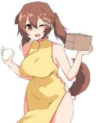 Rule 34 | 1girl, animal ears, baozi, bare shoulders, blush, bone hair ornament, breasts, brown eyes, brown hair, china dress, chinese clothes, cowboy shot, dog ears, dog girl, dog tail, dress, food, hair between eyes, hair ornament, holding, holding food, hololive, inugami korone, large breasts, long hair, looking at viewer, one eye closed, open mouth, ponytail, smile, solo, tail, terazip, thighs, virtual youtuber, yellow dress