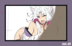 Rule 34 | 1boy, 1girl, animal ears, bad id, bad pixiv id, bare shoulders, border, breasts, collar, cum, cum in mouth, forced, hair ornament, large breasts, leash, llowoll, long hair, off shoulder, open mouth, outside border, purple border, purple eyes, sound effects, tears, touhoku itako, twitter username, voiceroid, white background, white hair