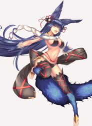 Rule 34 | 1girl, ;d, absurdres, animal ears, bell, blue hair, blunt bangs, blush, breasts, erune, fang, fox ears, fox shadow puppet, fox tail, full body, fur, fur trim, granblue fantasy, grey background, hair bell, hair ornament, highres, jingle bell, long hair, looking at viewer, medium breasts, navel, one eye closed, open mouth, red eyes, simple background, smile, solo, tail, takinashi (friend coffee), thighhighs, toeless legwear, very long hair, yuel (granblue fantasy)