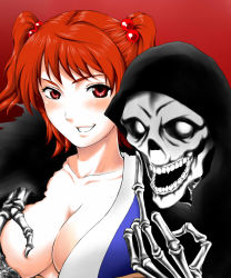 Rule 34 | &gt;:d, 1girl, :d, blush, breasts, cleavage, collarbone, death (entity), evil grin, evil smile, female focus, grabbing, grabbing another&#039;s breast, grim reaper, grin, groping, hair bobbles, hair ornament, highres, hood, hotpants (i&#039;m hot yet!), hug, large breasts, looking at viewer, middle finger, no bra, onozuka komachi, open clothes, open mouth, open shirt, red background, red eyes, red hair, shadowgate, shirt, short hair, short twintails, simple background, skeleton, skull, smile, solo focus, teeth, touhou, twintails, two side up, upper body, v-shaped eyebrows