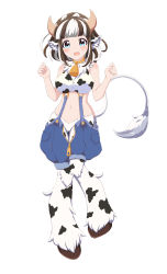 Rule 34 | 1girl, :d, animal ear fluff, animal ears, animal print, asahina kokomi, bare arms, bare shoulders, battle girl high school, bell, blue eyes, blunt bangs, braid, breasts, brown hair, collar, commentary, cow ears, cow girl, cow horns, cow print, cow tail, full body, fur, fur collar, gluteal fold, hands up, highres, holstaur (monster girl encyclopedia), hooves, horns, large breasts, lee xianshang, long hair, looking at viewer, monster girl, monster girl encyclopedia, monsterification, multicolored hair, navel, neck bell, o-ring, open mouth, simple background, smile, solo, stomach, streaked hair, suspenders, tail, thigh gap, two side up, white background, white hair