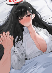 Rule 34 | 1girl, absurdres, black hair, blanket, blue archive, blunt bangs, blush, breasts, bright pupils, cleavage, hair ornament, hairclip, halo, hetero, highres, holding hands, interlocked fingers, large breasts, long hair, looking at another, looking at viewer, red eyes, rio (blue archive), solo, sweat, very long hair, yuki (asayuki101)