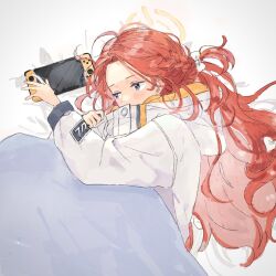 Rule 34 | 1girl, bed sheet, blue archive, blue eyes, blush, bow, braid, coat, halo, handheld game console, highres, hood, hood down, hooded coat, long hair, long sleeves, lying, messy hair, nintendo switch, nrnroooo, red hair, side braid, solo, under covers, upper body, very long hair, white bow, white coat, yuzu (blue archive)