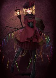 Rule 34 | 1girl, absurdres, alternate costume, ascot, bat (animal), black pantyhose, black thighhighs, blonde hair, boots, breasts, coffin, corset, cross-laced footwear, drill hair, flandre scarlet, hair between eyes, hat, hat ribbon, highres, juliet sleeves, lace-up boots, lantern, long sleeves, mizuhichi, mob cap, pantyhose, pointy ears, puffy sleeves, red eyes, ribbon, side ponytail, small breasts, solo, thigh boots, thighhighs, touhou, wide sleeves, wings