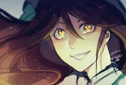 Rule 34 | 1girl, blurry, brown hair, dated, grin, hair ribbon, long hair, looking at viewer, lummy (merry dial), portrait, radiation symbol, radiation symbol-shaped pupils, reiuji utsuho, ribbon, shaded face, signature, smile, solo, symbol-shaped pupils, touhou, yellow eyes