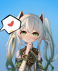 Rule 34 | 1girl, :o, absurdres, animal ears, blue background, blush, cat ears, commentary request, cross-shaped pupils, dress, eyebrows hidden by hair, genshin impact, gradient hair, green eyes, green hair, grey hair, hair between eyes, hand up, heart, highres, kemonomimi mode, looking at viewer, multicolored hair, nahida (genshin impact), nose blush, parted lips, pointy ears, qixia, sleeveless, sleeveless dress, solo, spoken heart, streaked hair, symbol-shaped pupils, twintails, upper body, white dress