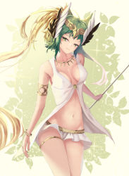 Rule 34 | 1girl, absurdres, armlet, atalanta (fate), blonde hair, bracelet, breasts, circe (fate) (cosplay), circe (fate), cleavage, collarbone, cosplay, cowboy shot, covered erect nipples, fate/apocrypha, fate (series), floating hair, green eyes, green hair, hair ornament, head tilt, highres, holding, jewelry, long hair, medium breasts, microskirt, midriff, multicolored hair, navel, necklace, nekobell, skirt, solo, standing, stomach, thighlet, two-tone hair, very long hair, white skirt