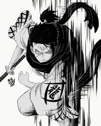 Rule 34 | 1boy, achmunzav, artist name, black hair, closed mouth, greyscale, highres, holding, holding weapon, japanese clothes, katana, male focus, monochrome, one eye closed, one piece, ryuuma, scar, scar on face, scarf, short hair, solo, stitched face, stitches, sword, topknot, translation request, weapon
