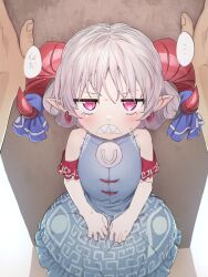 Rule 34 | ..., 1girl, blue bow, blue dress, blush, bow, breasts, commentary request, cowboy shot, curled horns, detached sleeves, dress, earrings, eye print, frown, grey hair, horizontal pupils, horn bow, horn ornament, horns, jewelry, kabedon, looking at viewer, meandros, medium bangs, medium hair, patterned clothing, pink eyes, pointy ears, polpol, pov, rectangular pupils, red horns, red sleeves, sharp teeth, small breasts, solo focus, spoken ellipsis, teeth, touhou, toutetsu yuuma, v-shaped eyebrows