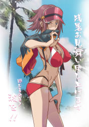 Rule 34 | 1girl, bikini, blue eyes, breasts, brown hair, closed mouth, code geass, code geass: genesic re;code, covered erect nipples, day, from side, groin, highres, holding, holding clothes, holding jacket, jacket, kouzuki kallen, kyabakurabakufu, large breasts, lens flare, long hair, looking at viewer, nail polish, navel, outdoors, palm tree, red bikini, red nails, sideboob, solo, spiked hair, standing, summer, swimsuit, tree, visor cap