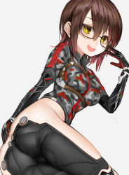 Rule 34 | 1girl, :d, ass, black-framed eyewear, black gloves, black pants, breasts, brown hair, butt crack, camouflage, camouflage jacket, glasses, gloves, grey background, hair between eyes, hand up, highres, hololive, jacket, layered sleeves, long sleeves, looking at viewer, mechanical arms, multicolored hair, nyatabe, open mouth, pants, red hair, revealing clothes, roboco-san, roboco-san (1st costume), round teeth, short over long sleeves, short sleeves, simple background, single mechanical arm, small breasts, smile, solo, streaked hair, teeth, upper teeth only, virtual youtuber