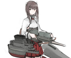 Rule 34 | 1girl, absurdres, bike shorts, blush, bow (weapon), brown eyes, brown hair, crossbow, flat chest, hakama, hakama short skirt, hakama skirt, headband, highres, holding, holding weapon, japanese clothes, kantai collection, long sleeves, machinery, rampart1028, red skirt, rigging, short hair, simple background, skirt, smile, solo, taihou (kancolle), weapon, white background