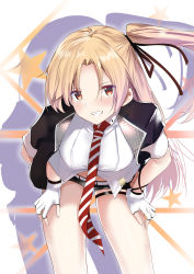 Rule 34 | 1girl, azur lane, belt, bent over, black jacket, black shorts, blonde hair, breasts, cleveland (azur lane), cleveland (muse) (azur lane), commentary request, cowboy shot, drop shadow, fingerless gloves, gloves, grin, hair ribbon, hands on own thighs, highres, jacket, long hair, looking at viewer, medium breasts, necktie, one side up, open clothes, open jacket, red eyes, red necktie, ribbon, schreibe shura, shirt, short shorts, short sleeves, shorts, smile, solo, standing, star (symbol), striped necktie, striped neckwear, thigh strap, thighs, very long hair, white gloves, white shirt