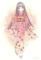 Rule 34 | 1girl, black eyes, black hair, blunt bangs, cherry blossom print, cherry blossoms, commission, fingernails, floral background, floral print, flower, full body, furisode, gradient background, gradient kimono, japanese clothes, kimono, long hair, long sleeves, looking at viewer, multicolored clothes, multicolored kimono, multicolored sash, obi, obijime, original, parted lips, pink background, pink flower, pink kimono, print kimono, red flower, red footwear, sandals, sash, skeb commission, socks, solo, straight hair, takanashi tsubasa, tareme, twitter username, white background, white socks, wide sleeves, zouri