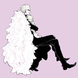 Rule 34 | 2boys, aged down, baby, blonde hair, boots, closed mouth, donquixote doflamingo, donquixote rocinante, feather cape, holding baby, itowo (itowc), monochrome, multiple boys, one piece, pants, pink theme, short hair, sitting, smile, sunglasses