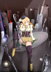 Rule 34 | 10s, 1girl, absurdres, bad id, bad pixiv id, beret, blonde hair, boots, breasts, building, clothes between thighs, corset, detached sleeves, drill hair, fingerless gloves, gloves, gun, hair ornament, happy tears, hat, highres, irohara, magical girl, magical musket, mahou shoujo madoka magica, mahou shoujo madoka magica (anime), pleated skirt, puffy sleeves, sitting, skindentation, skirt, skyscraper, smile, solo, striped clothes, striped thighhighs, tears, thighhighs, tomoe mami, tomoe mami (magical girl), vertical-striped clothes, vertical-striped thighhighs, weapon, yellow eyes