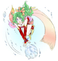 Rule 34 | 1990s (style), 1girl, blue eyes, boots, bracelet, breasts, cape, cleavage, detached sleeves, dissidia final fantasy, final fantasy, final fantasy vi, green hair, high heels, ice, jewelry, long hair, magic, midair, necklace, open mouth, ponytail, purple eyes, ribbon, shinzui (fantasysky7), shoes, solo, tina branford