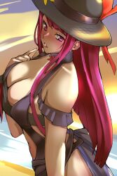 Rule 34 | 1340smile, 1girl, absurdres, bare shoulders, black hat, breasts, commentary, fire emblem, fire emblem engage, fire emblem heroes, hat, highres, ivy (fire emblem), large breasts, long hair, navel, nintendo, official alternate costume, one-piece swimsuit, purple eyes, purple hair, solo, swimsuit, upper body, very long hair