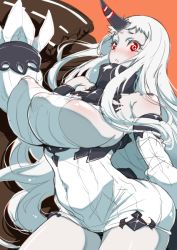 Rule 34 | 10s, 1girl, abyssal ship, bare shoulders, blush, bouncing breasts, breasts, cowboy shot, curvy, detached sleeves, dress, covered erect nipples, hip focus, horns, huge breasts, kantai collection, large breasts, long hair, neyonsan, pale skin, puffy nipples, red eyes, ribbed dress, seaport princess, short dress, sideboob, single horn, solo, thighs, very long hair, white hair, wide hips