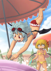 Rule 34 | 2girls, alternate costume, asymmetrical hair, asymmetrical wings, bad perspective, bat wings, bikini, blonde hair, blush stickers, breasts, day, diving, diving mask, diving mask on head, fangs, flandre scarlet, goggles, goggles on head, highres, light purple hair, looking at another, multiple girls, open mouth, outdoors, pointy ears, red bikini, red eyes, remilia scarlet, scarlet devil mansion, shaded face, short hair, siblings, side-tie bikini bottom, side ponytail, sisters, small breasts, swimsuit, touhou, wading pool, water, water gun, wings, worried, yellow bikini, yukiman