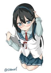 Rule 34 | 10s, 1girl, arm up, bad id, bad twitter id, black hair, blue eyes, blue hairband, blue shirt, blue skirt, blush, breasts, closed mouth, collared shirt, cowboy shot, cropped jacket, ebifurya, eyebrows, glasses, hair between eyes, hairband, hand on own head, highres, hip vent, holding, inactive account, kantai collection, long hair, long sleeves, necktie, no panties, notebook, ooyodo (kancolle), pleated skirt, red necktie, school uniform, semi-rimless eyewear, serafuku, shirt, simple background, skirt, small breasts, solo, twitter username, under-rim eyewear, white background