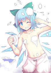 Rule 34 | 1girl, armpits, bloomers, blue eyes, blue hair, bow, cirno, collarbone, convenient censoring, culter, dress, unworn dress, flat chest, grin, hair bow, ice, ice wings, matching hair/eyes, navel, one eye closed, unworn shirt, smile, snowball, snowball fight, solo, topless, touhou, underwear, underwear only, white bloomers, wings