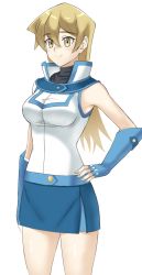 Rule 34 | 1girl, black vest, blonde hair, blue gloves, blue skirt, breasts, closed mouth, cowboy shot, duel academy uniform (yu-gi-oh! gx), elbow gloves, fingerless gloves, gloves, hair between eyes, hand on own hip, highres, large breasts, long hair, miniskirt, pencil skirt, rourou ill, shirt, simple background, skirt, sleeveless, sleeveless shirt, smile, solo, standing, straight hair, sweater, tenjouin asuka, turtleneck, turtleneck sweater, very long hair, vest, white background, white shirt, yellow eyes, yu-gi-oh!, yu-gi-oh! gx