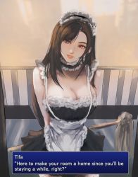 Rule 34 | 1girl, absurdres, apron, arialla draws, arms behind back, bare shoulders, black hair, blurry, blurry background, breasts, brown hair, cleavage, doorway, earrings, english text, final fantasy, final fantasy vii, final fantasy vii remake, highres, jewelry, large breasts, long hair, looking at viewer, maid, maid apron, maid headdress, pov, pov doorway, red eyes, skirt, solo, standing, text focus, tifa lockhart