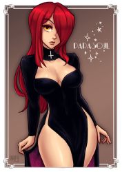 Rule 34 | 1girl, black dress, breasts, brown background, character name, cleavage, cleavage cutout, clothing cutout, commentary, commission, cowboy shot, cross, dress, english commentary, eyeshadow, hair over one eye, highleg, iahfy, lips, long dress, long hair, makeup, medium breasts, no panties, parasoul (skullgirls), pelvic curtain, red hair, side slit, skullgirls, solo, thighs, yellow eyes