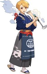 Rule 34 | 1boy, apron, artist request, belt, blonde hair, blue apron, blue kimono, blush, cup, from side, full body, grey hakama, hakama, hakama skirt, hands up, happy, highres, holding, holding cup, holding ladle, japanese clothes, kimono, ladle, light blush, looking at viewer, male focus, multicolored footwear, non-web source, official art, open mouth, red eyes, sakazuki, sandals, short hair, simple background, skirt, sleeves rolled up, smile, socks, solo, standing, steam, swept bangs, tabi, teeth, transparent background, waist apron, white socks, world flipper, yuwel (world flipper)