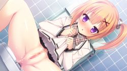 Rule 34 | 1girl, anus, blonde hair, blush, bow, censored, clothes lift, dog hair ornament, dutch angle, game cg, hair ornament, highres, jacket, lifted by self, looking at viewer, mosaic censoring, nakaoka chimachi, open mouth, pee, peeing, purple eyes, pussy, school uniform, side ponytail, sitting, skirt, skirt lift, solo, spread legs, tanabe, tile wall, tiles, toilet, toilet use, unmoving pattern, white jacket, white skirt, x hair ornament, zannen na oretachi no seishun jijou