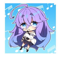 Rule 34 | 1girl, ahoge, asymmetrical legwear, bare shoulders, beamed eighth notes, beamed sixteenth notes, black necktie, black skirt, black socks, blue background, blue eyes, blue hair, blush, chibi, commentary request, flute, full body, fuyou-chan, gradient hair, hair between eyes, highres, holding, holding instrument, instrument, milkpanda, multicolored hair, musical note, necktie, no shoes, off shoulder, original, outline, purple hair, recorder, shirt, short eyebrows, simple background, skirt, socks, solo, star-shaped pupils, star (symbol), symbol-shaped pupils, thick eyebrows, white outline, white shirt