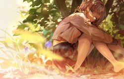 Rule 34 | 1girl, asahi yuuji, barefoot, brown hair, brown skirt, commentary, day, feet out of frame, from side, grass, hand on own arm, heterochromia, highres, hugging own legs, knees up, long sleeves, looking at viewer, looking to the side, midriff, miniskirt, mismatched pupils, nature, on ground, original, outdoors, outstretched arm, pleated skirt, purple eyes, school uniform, serafuku, shirt, skirt, solo, symbol-only commentary, white shirt