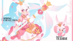 Rule 34 | 1girl, animal ears, bare shoulders, character name, closed mouth, cross (weapon), crown, dress, fox ears, gloves, highres, holding, holding weapon, honkai (series), honkai impact 3rd, long hair, looking at viewer, off-shoulder dress, off shoulder, one eye closed, pink dress, pink eyes, projecttiger, short sleeves, side ponytail, smile, solo, theresa apocalypse, theresa apocalypse (sakuno rondo), weapon, white gloves, white hair