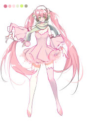Rule 34 | 1girl, alternate color, alternate costume, alternate hair color, blush, boots, cherry, cherry blossoms, detached sleeves, dress, food, fruit, green eyes, hatsune miku, headset, highres, long hair, looking at viewer, necktie, open mouth, petals, pink footwear, pink hair, pink legwear, pink theme, sakura miku, scarf, short sleeves, skirt, solo, spring (season), twintails, very long hair, vocaloid, wide sleeves, yuzhi
